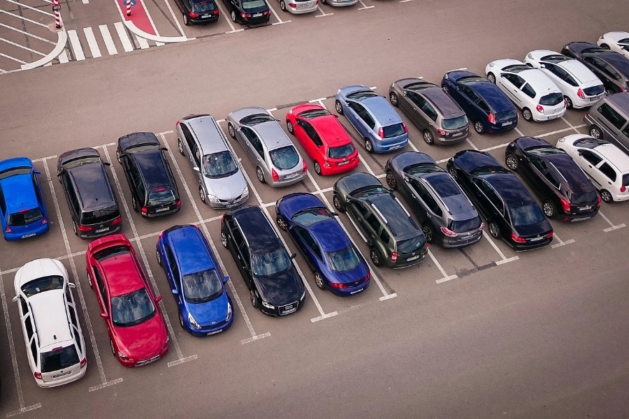 Bird's-eye view of a crowded parking lot. 