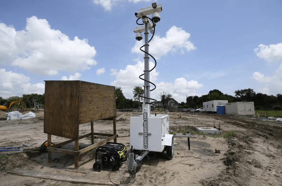 A Cameras Onsite mobile surveillance unit installed at a construction site. 